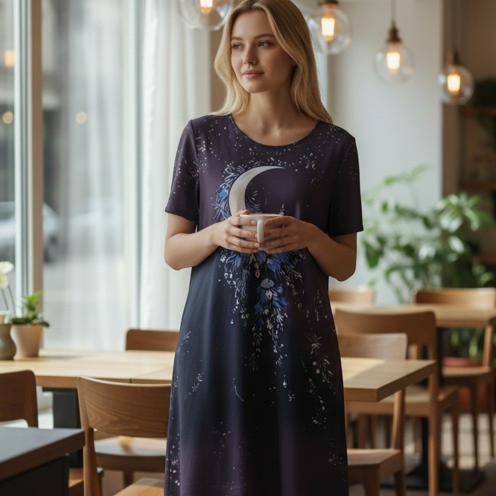 Celestial Crescent Moon Starry Night Graphic Midi Dress Purple Black Size M